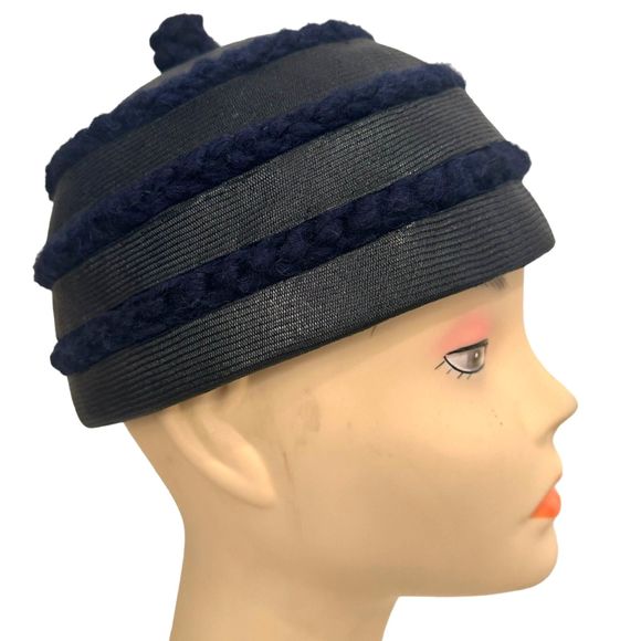 Vintage CHRISTIAN DIOR Navy Blue Raffia and Wood Trim Cloche Hat, Size S